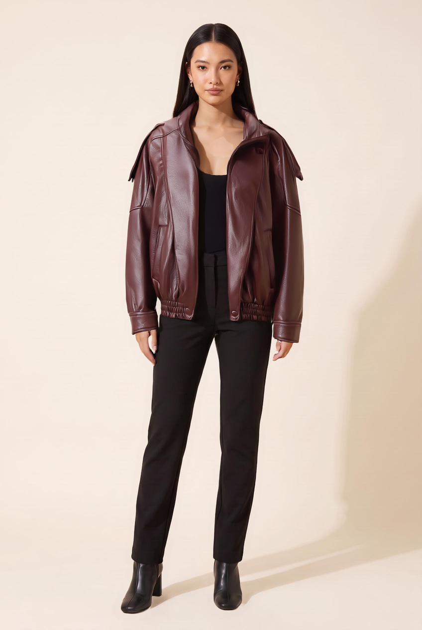 Kovelle oversized faux leather jacket in burgundy, front view on model