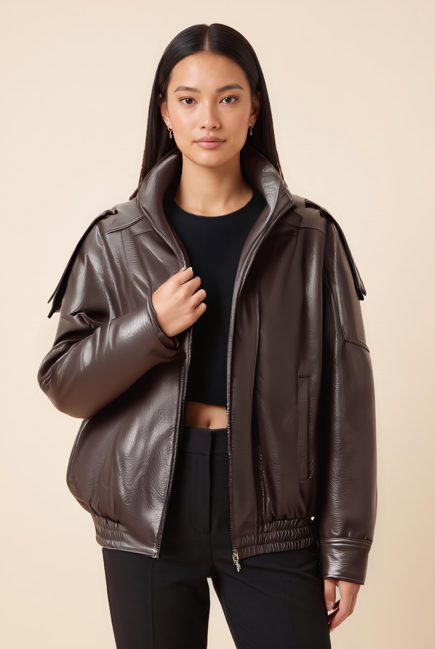 Kovelle oversized faux leather jacket in chocolate, close-up detail on model