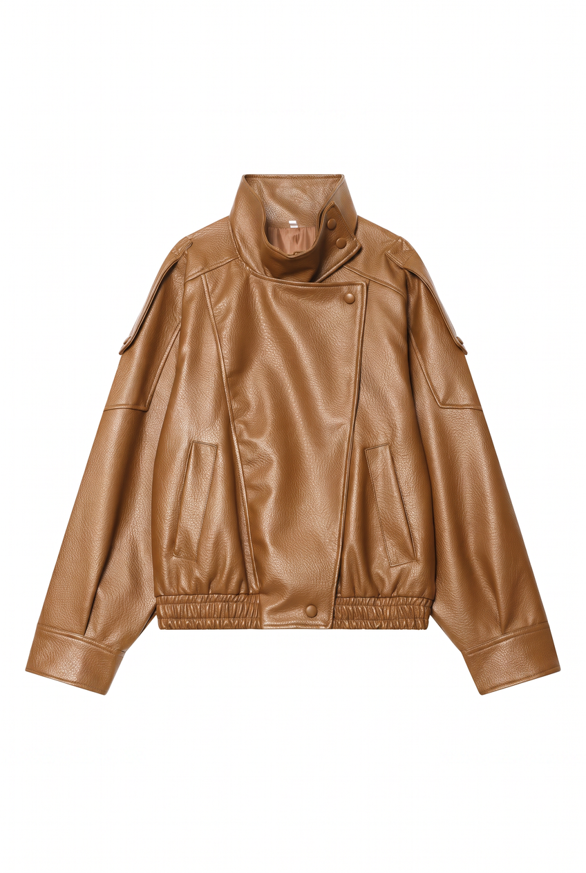 Kovelle oversized faux leather jacket in camel, flat product view