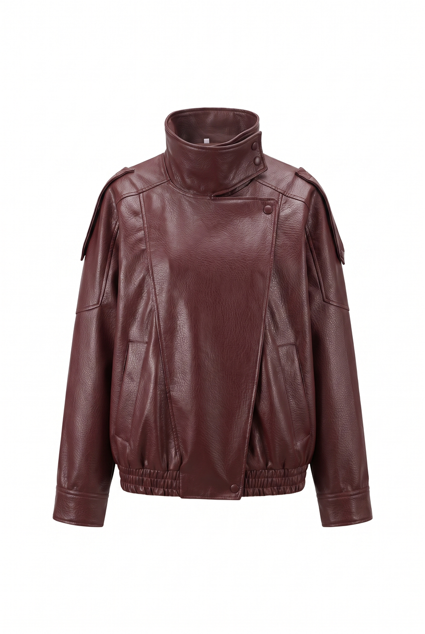 Kovelle oversized faux leather jacket in burgundy, flat product view