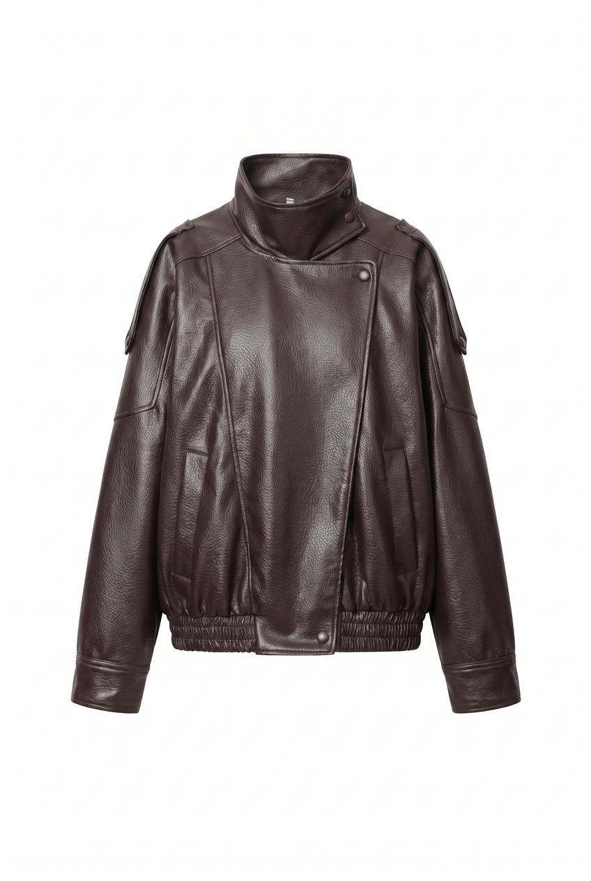 Kovelle oversized faux leather jacket in chocolate, flat product view showing the full garment
