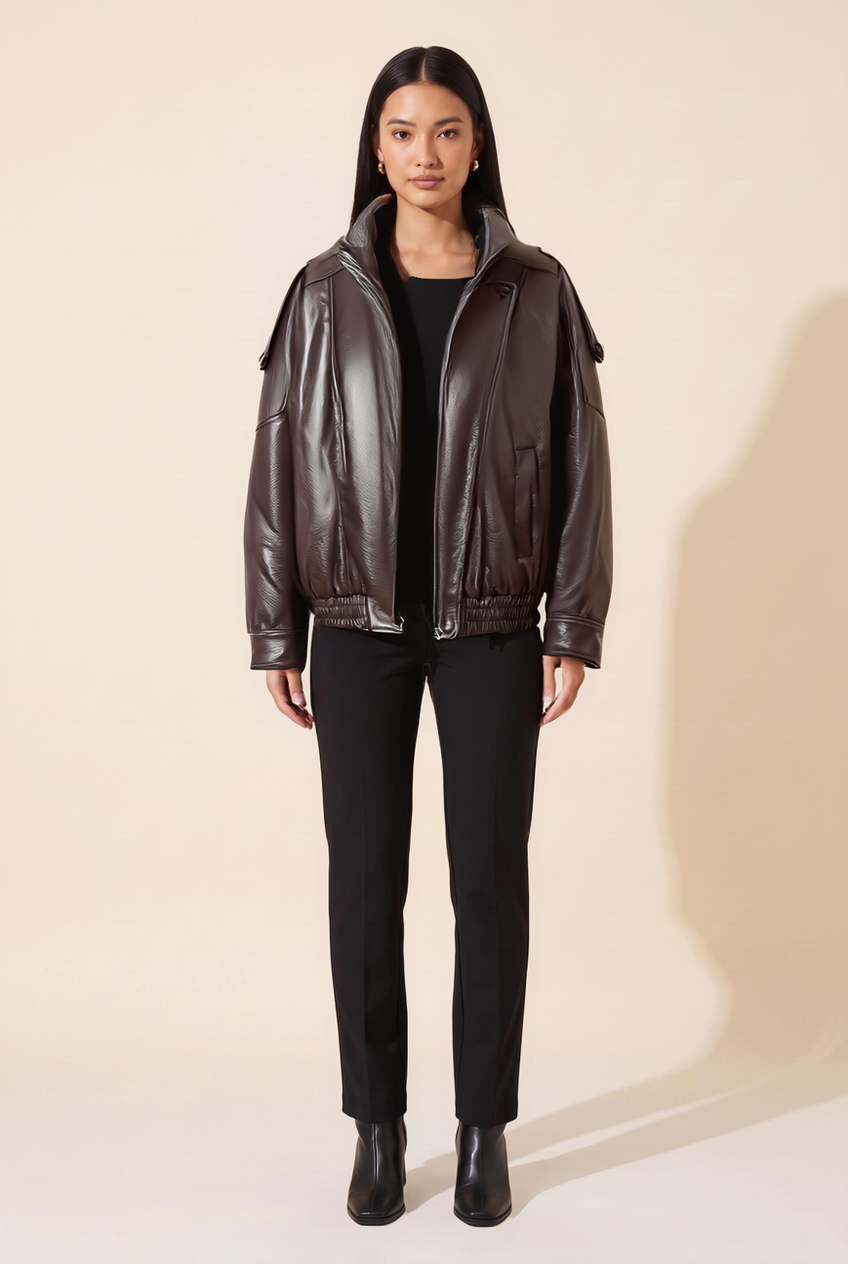 Kovelle oversized faux leather jacket in chocolate, front view on model