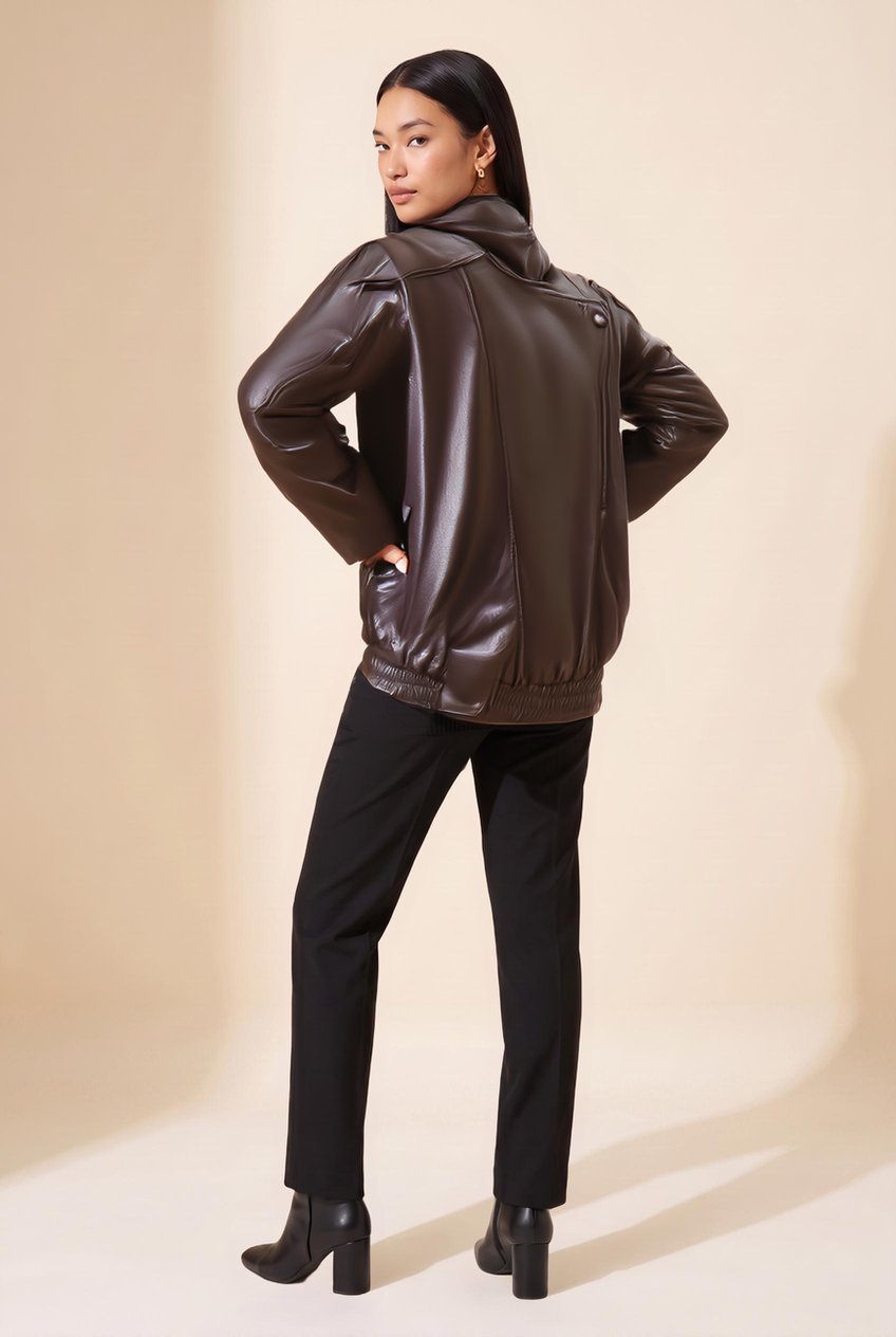 Kovelle oversized faux leather jacket in chocolate, back view on model