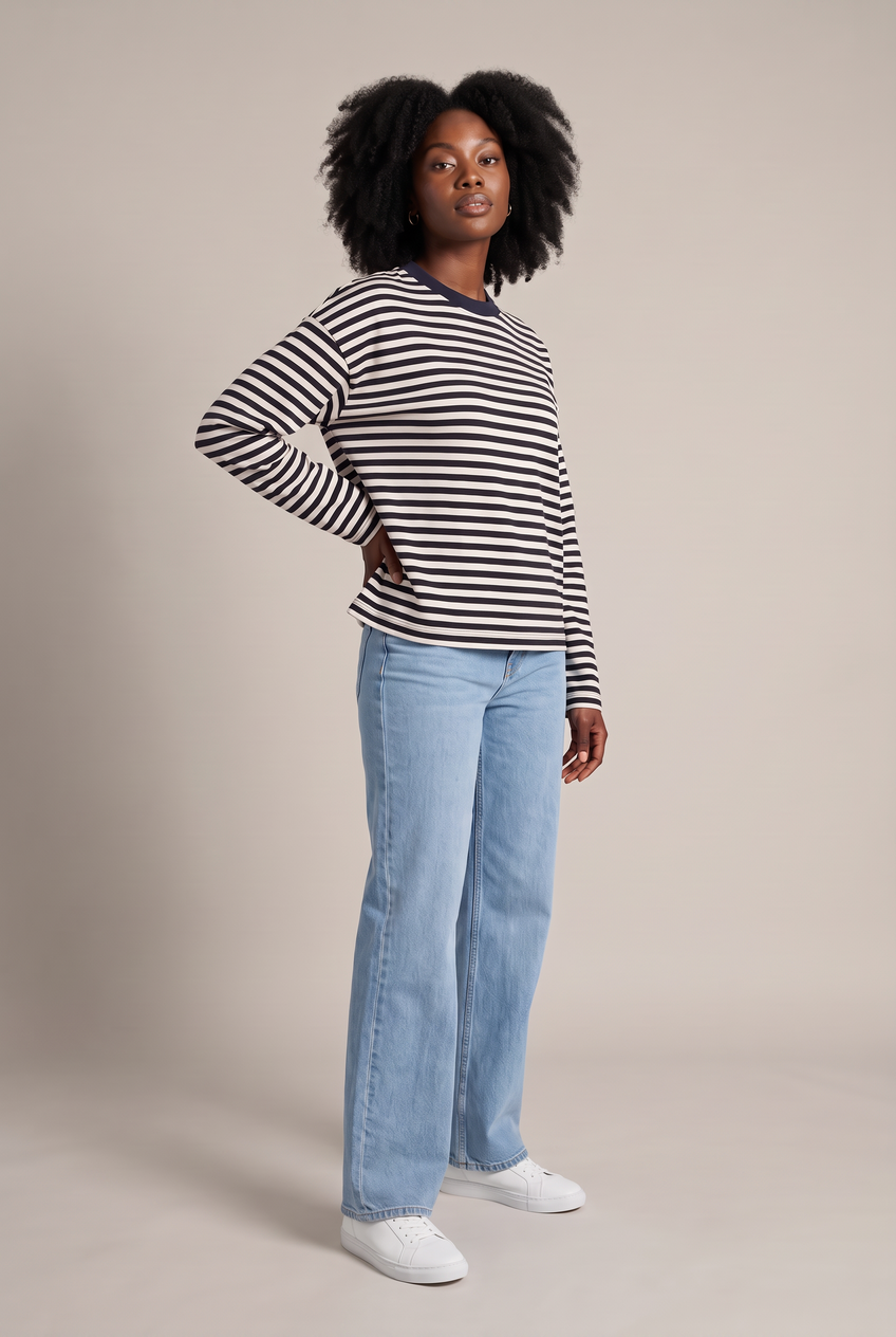 Kovelle oversized striped long sleeve tee in black stripe, front view on model