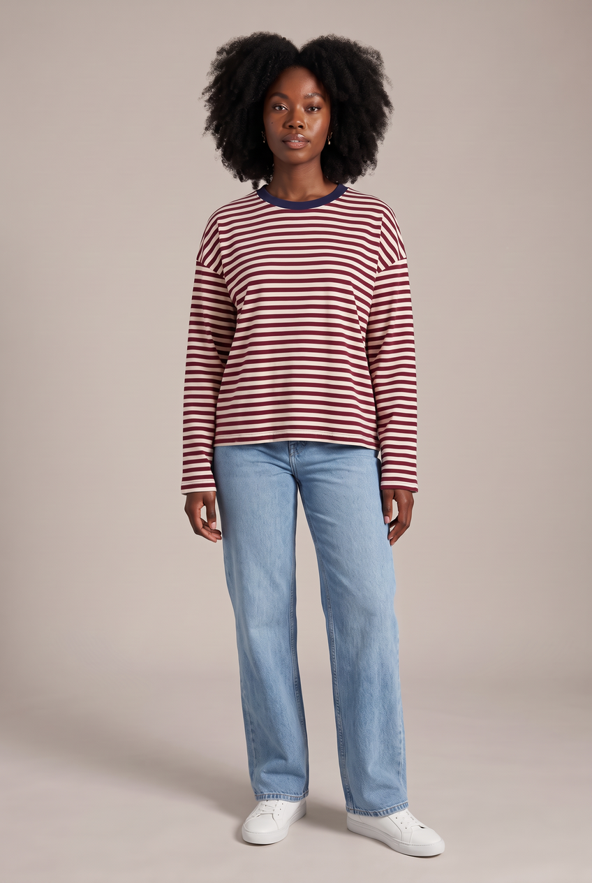 Kovelle oversized striped long sleeve tee in burgundy stripe, front view on model
