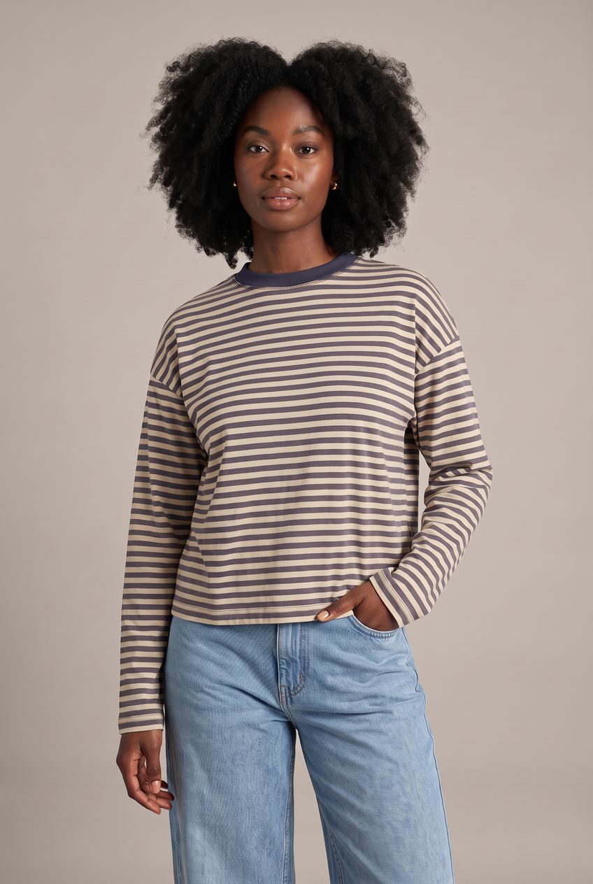 Kovelle oversized striped long sleeve tee in khaki stripe, close-up detail on model