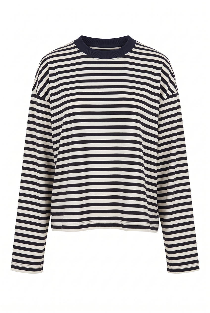 Kovelle oversized striped long sleeve tee in black stripe, flat product view