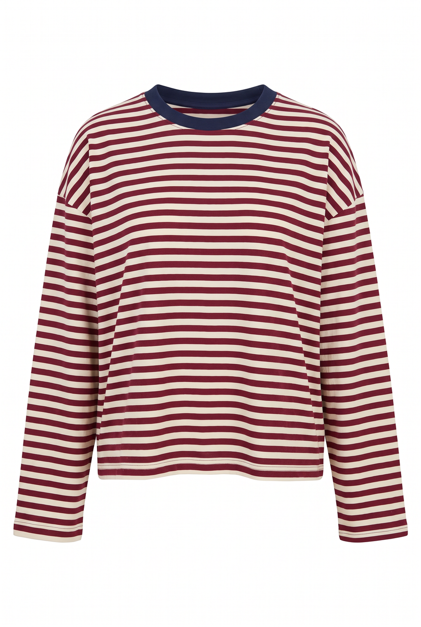 Kovelle oversized striped long sleeve tee in burgundy stripe, flat product view