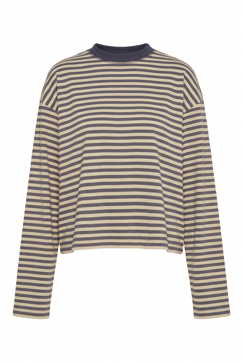 Kovelle oversized striped long sleeve tee in khaki stripe, flat product view showing the full garment