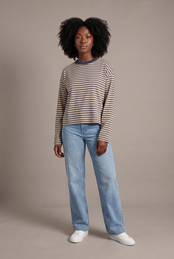 Kovelle oversized striped long sleeve tee in khaki stripe, front view on model