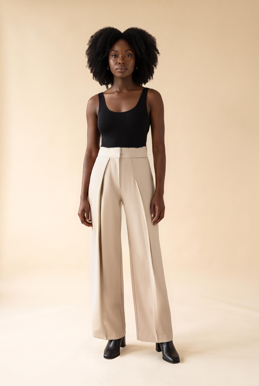 Kovelle pinstripe pleat-front trousers in stone, front view on model