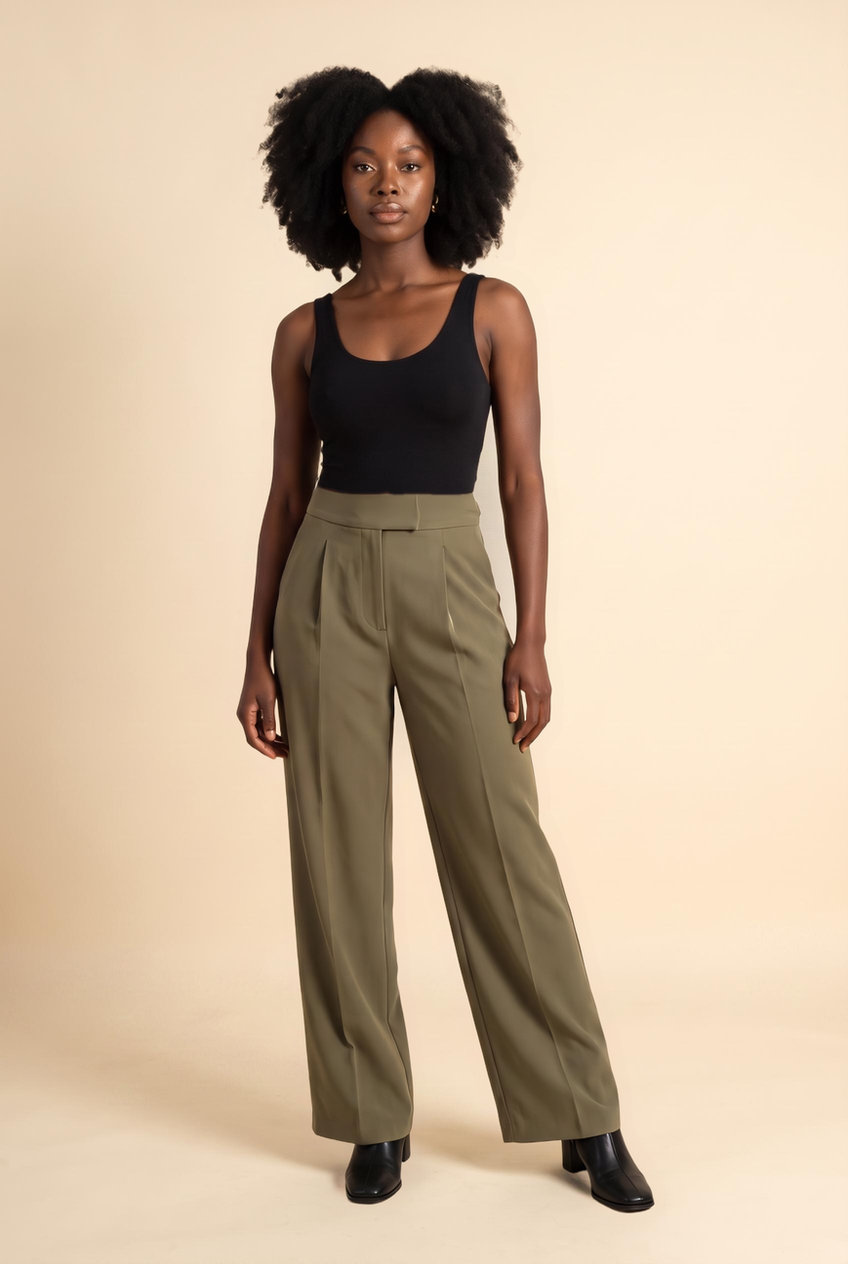 Kovelle pinstripe pleat-front trousers in olive, front view on model