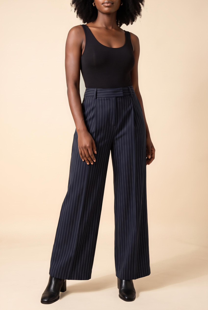 Kovelle pinstripe pleat-front trousers in navy pinstripe, close-up detail on model