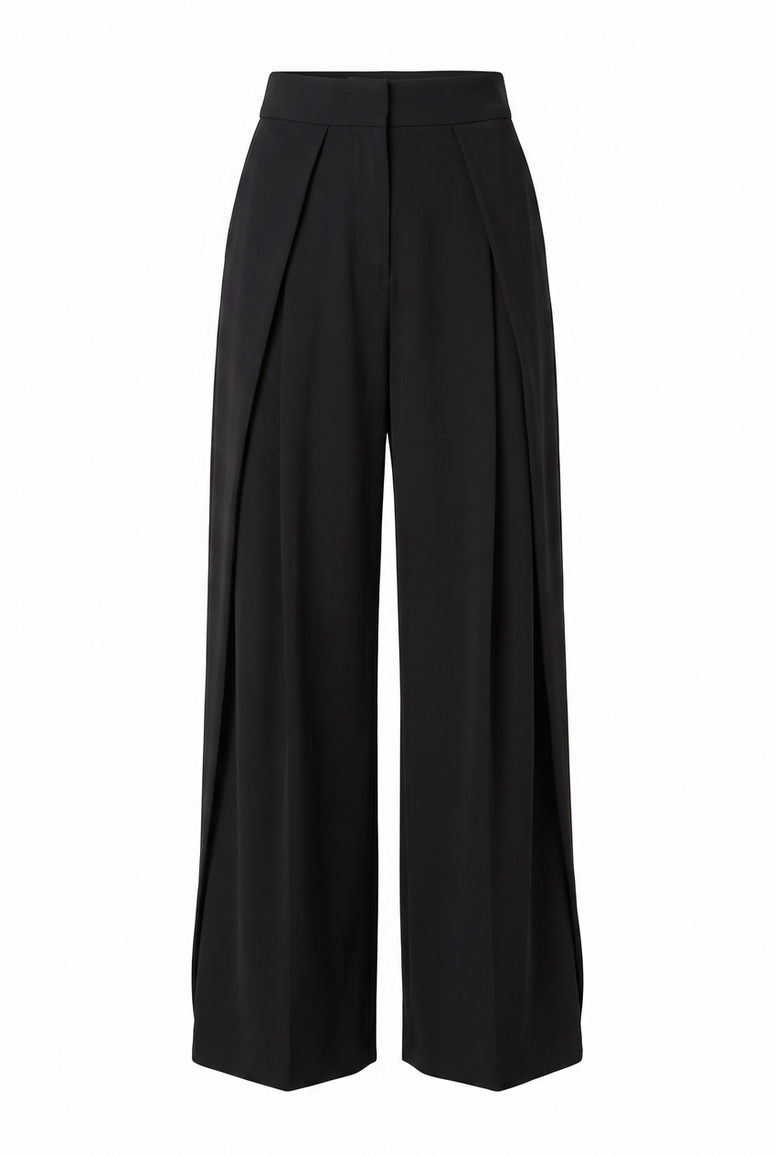 Kovelle pinstripe pleat-front trousers in black, flat product view