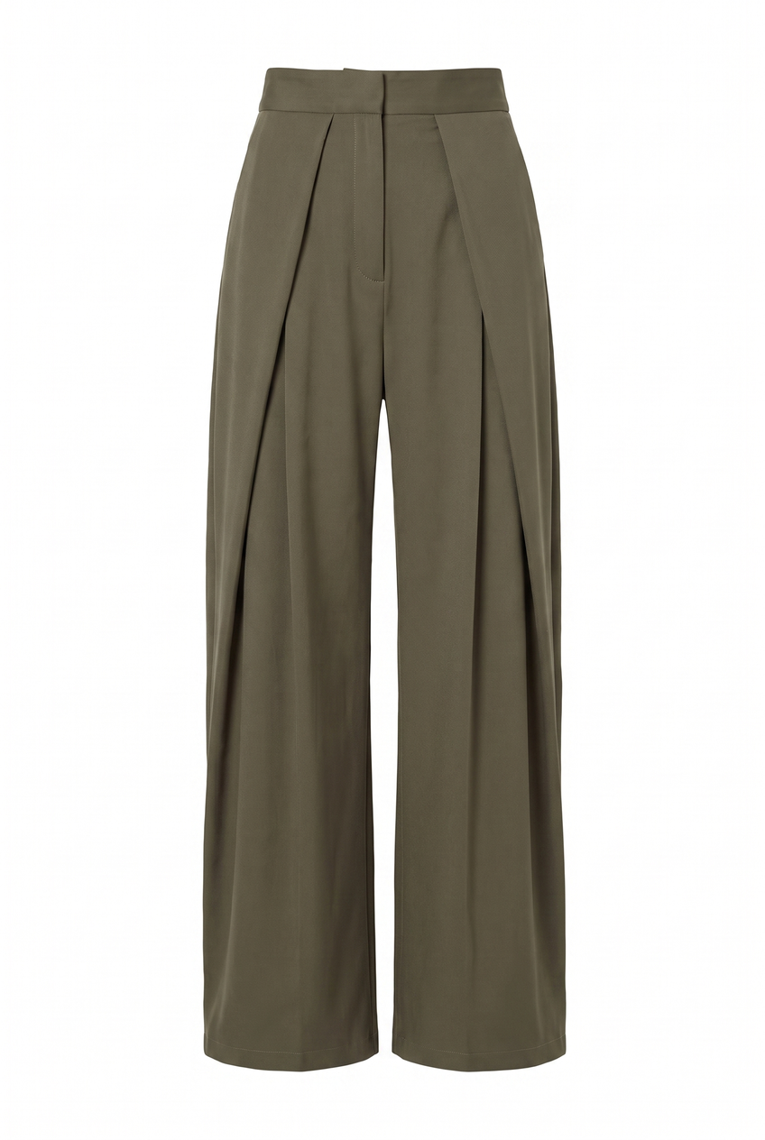 Kovelle pinstripe pleat-front trousers in olive, flat product view