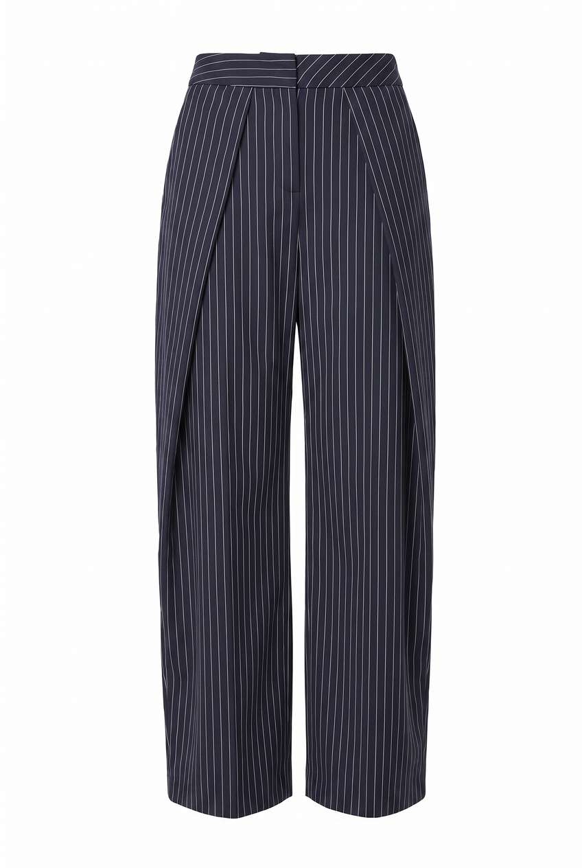 Kovelle pinstripe pleat-front trousers in navy pinstripe, flat product view showing the full garment