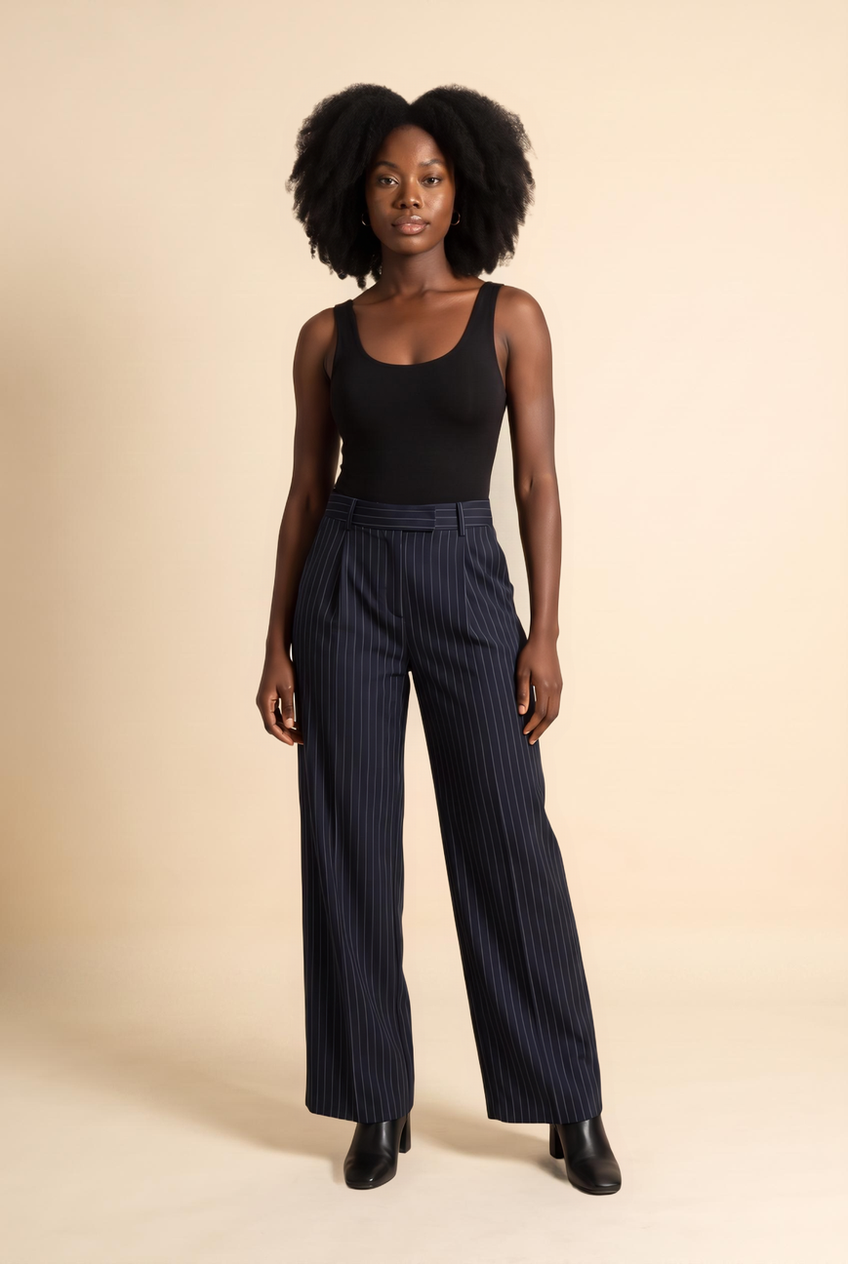Kovelle pinstripe pleat-front trousers in navy pinstripe, front view on model