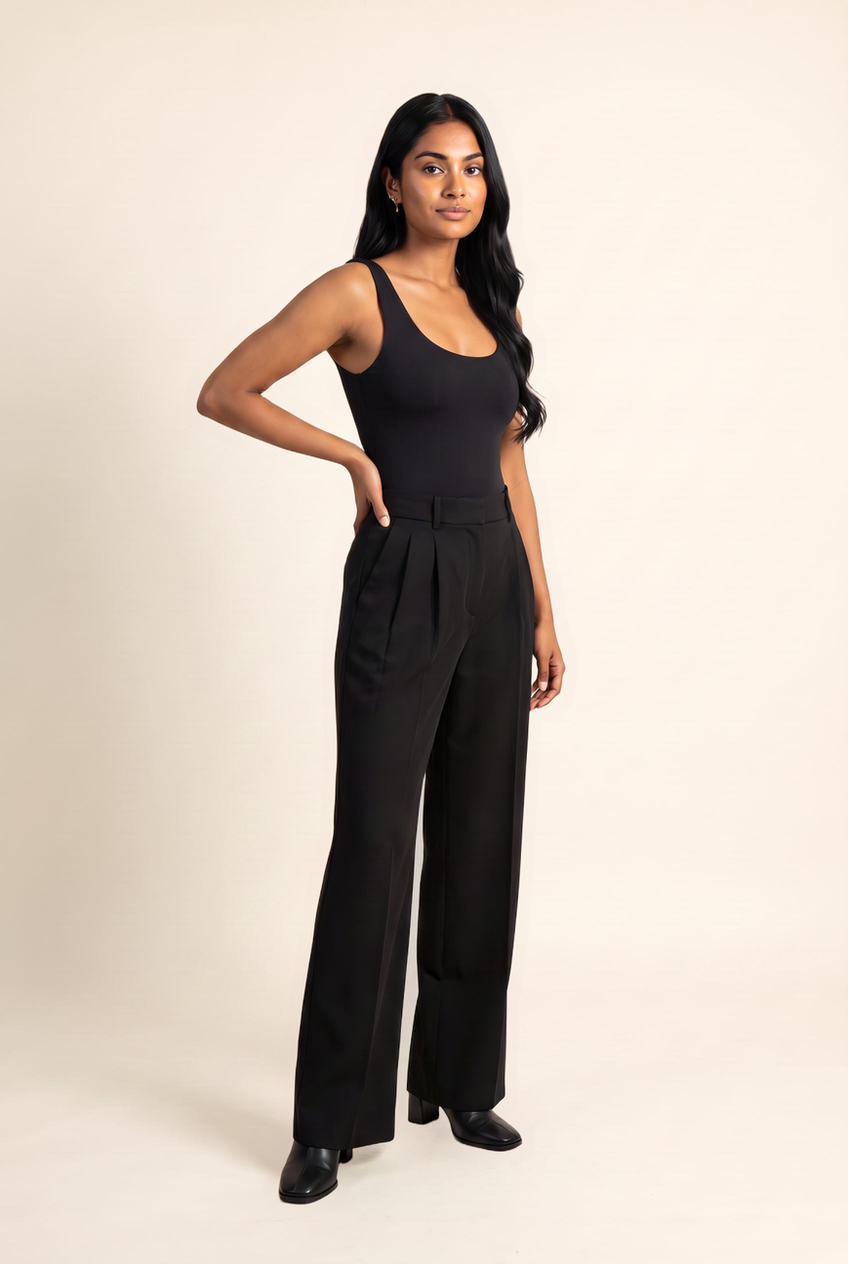 Kovelle pleated wide leg trousers in black, front view on model