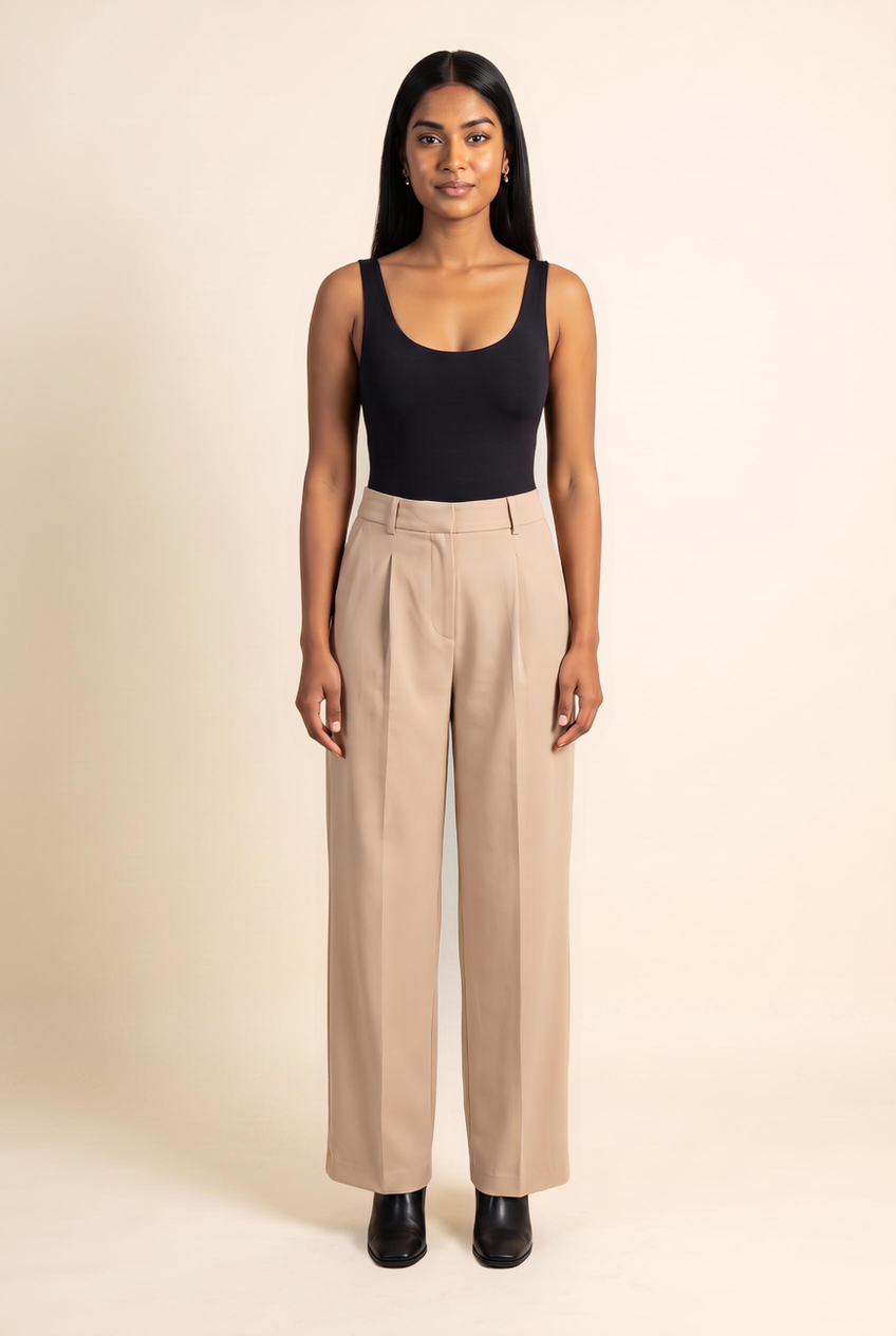 Kovelle pleated wide leg trousers in beige, front view on model