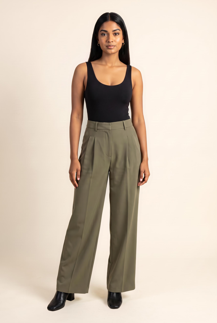 Kovelle pleated wide leg trousers in olive, front view on model