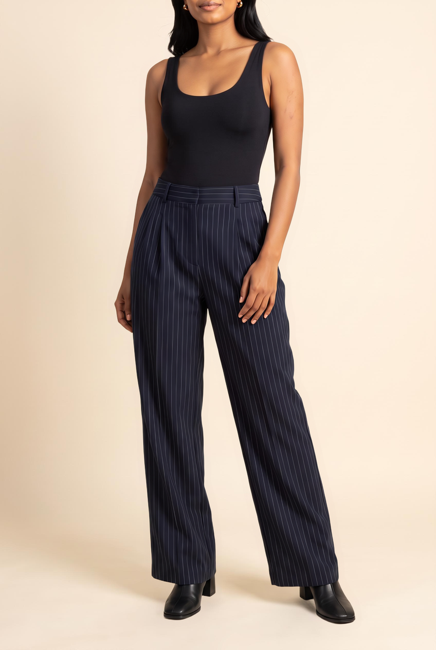 Kovelle pleated wide leg trousers in navy pinstripe, close-up detail on model