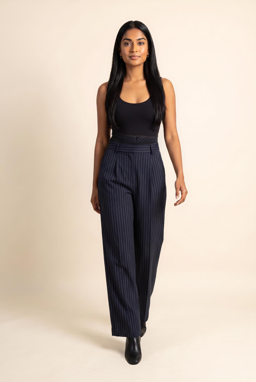 Kovelle pleated wide leg trousers in navy pinstripe, walking, full length on model