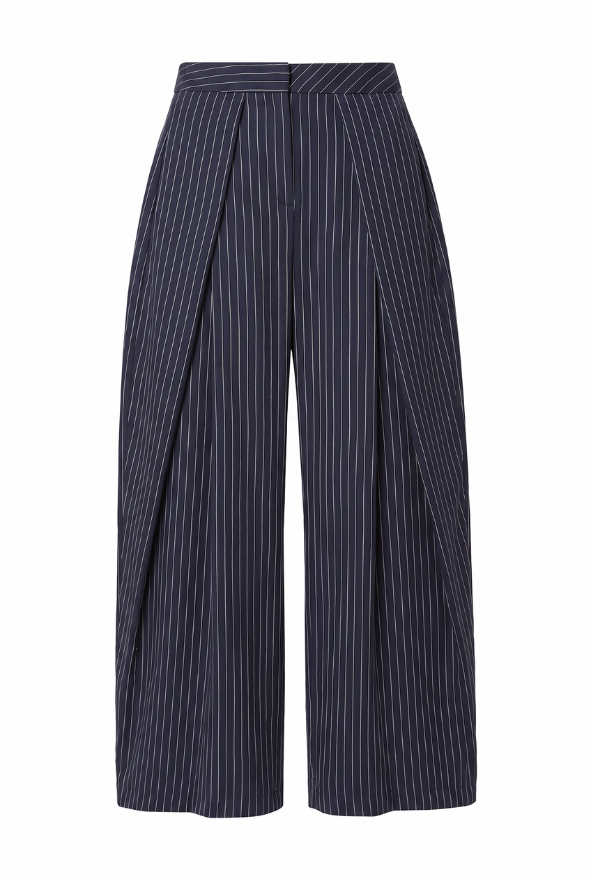 Kovelle pleated wide leg trousers in navy pinstripe, flat product view showing the full garment