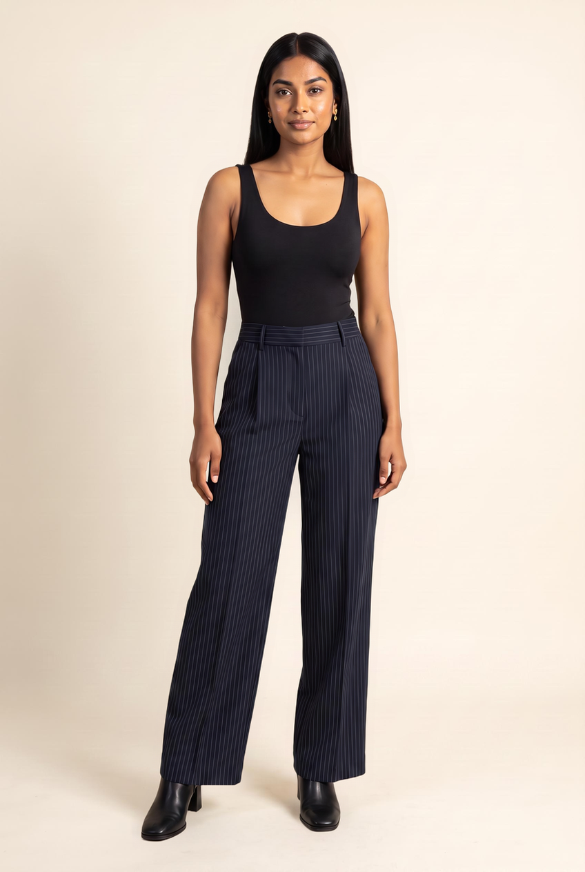 Kovelle pleated wide leg trousers in navy pinstripe, front view on model
