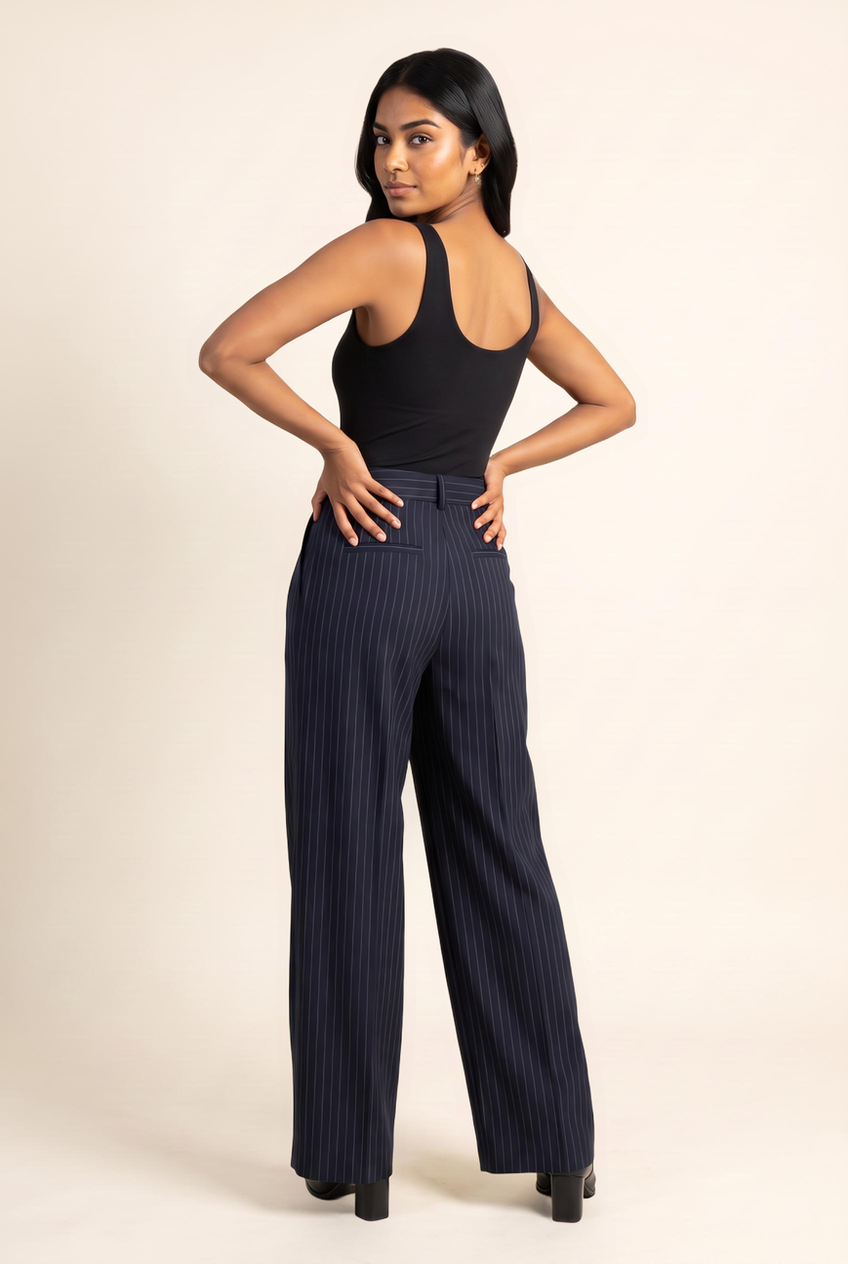 Kovelle pleated wide leg trousers in navy pinstripe, back view on model