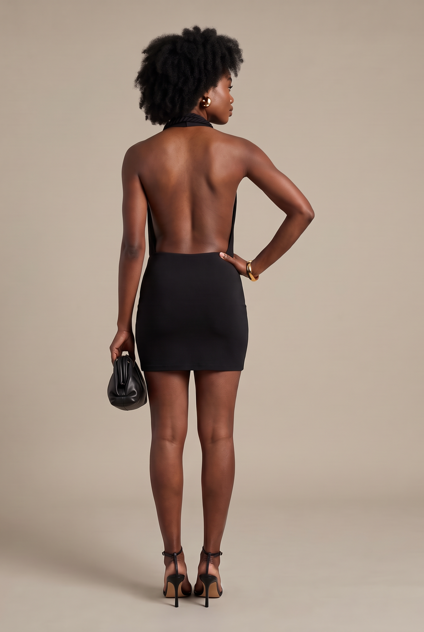Kovelle plunge halter drape mini dress in black, back view on model