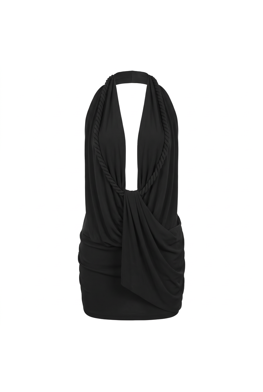 Kovelle plunge halter drape mini dress in black, flat product view showing the full garment