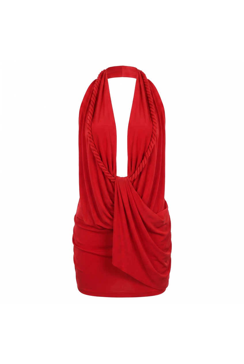 Kovelle plunge halter drape mini dress in red, flat product view