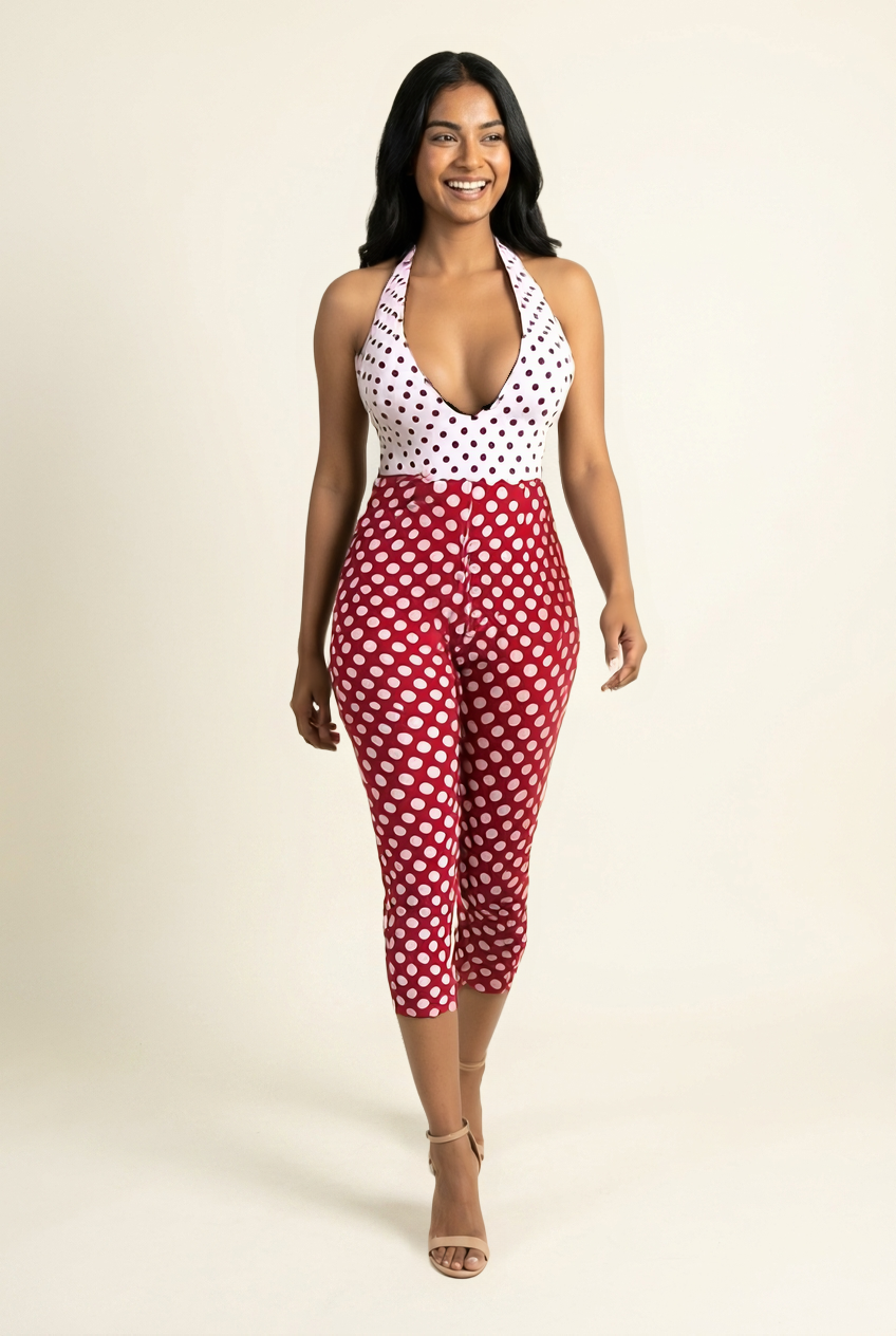 Kovelle polka dot halter capri jumpsuit in red, walking shot on model