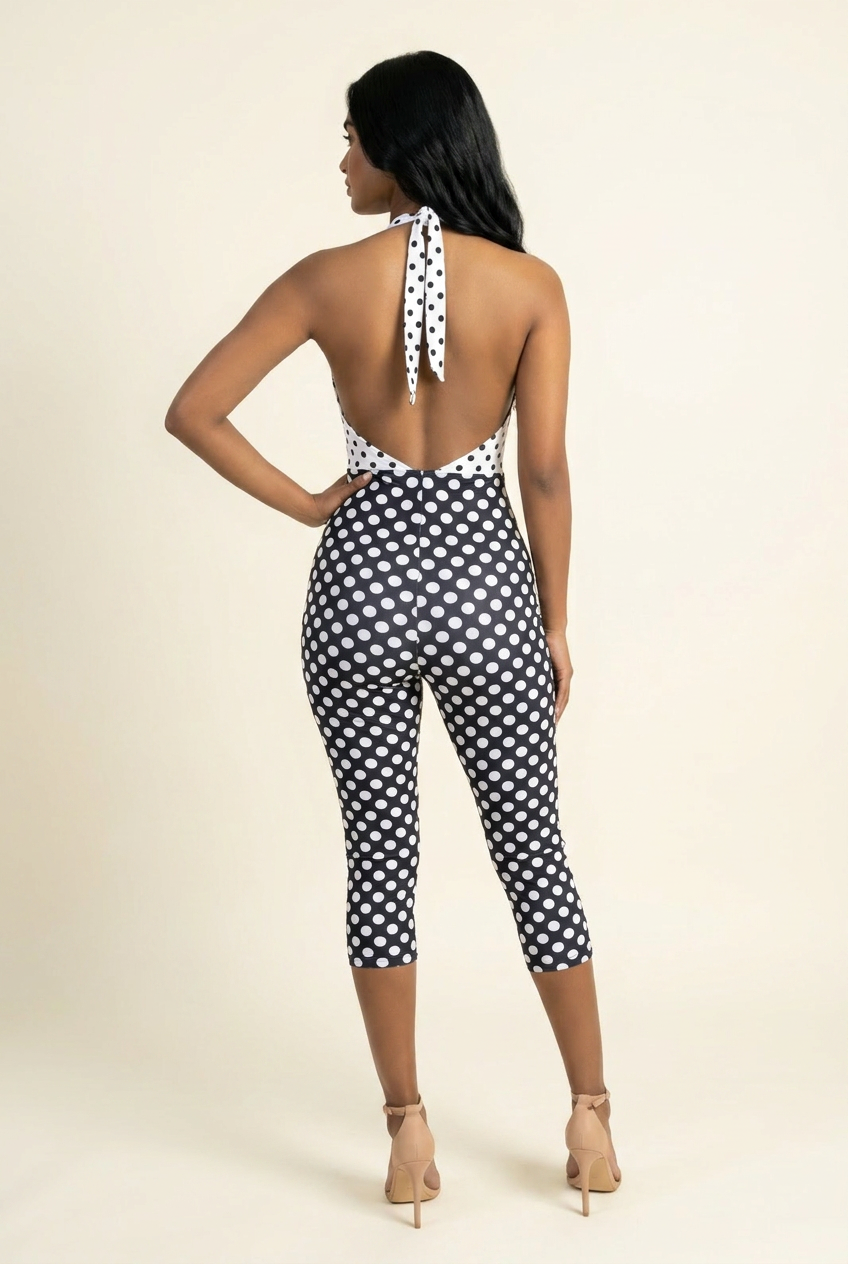 Kovelle polka dot halter capri jumpsuit in white, open backless back with halter tie on model