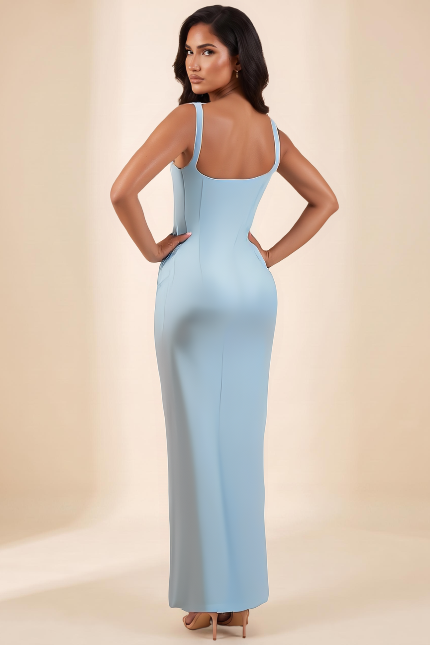 Back view of the Kovelle Powder Blue Corset Draped Maxi Dress showing the square back neckline and corset seaming
