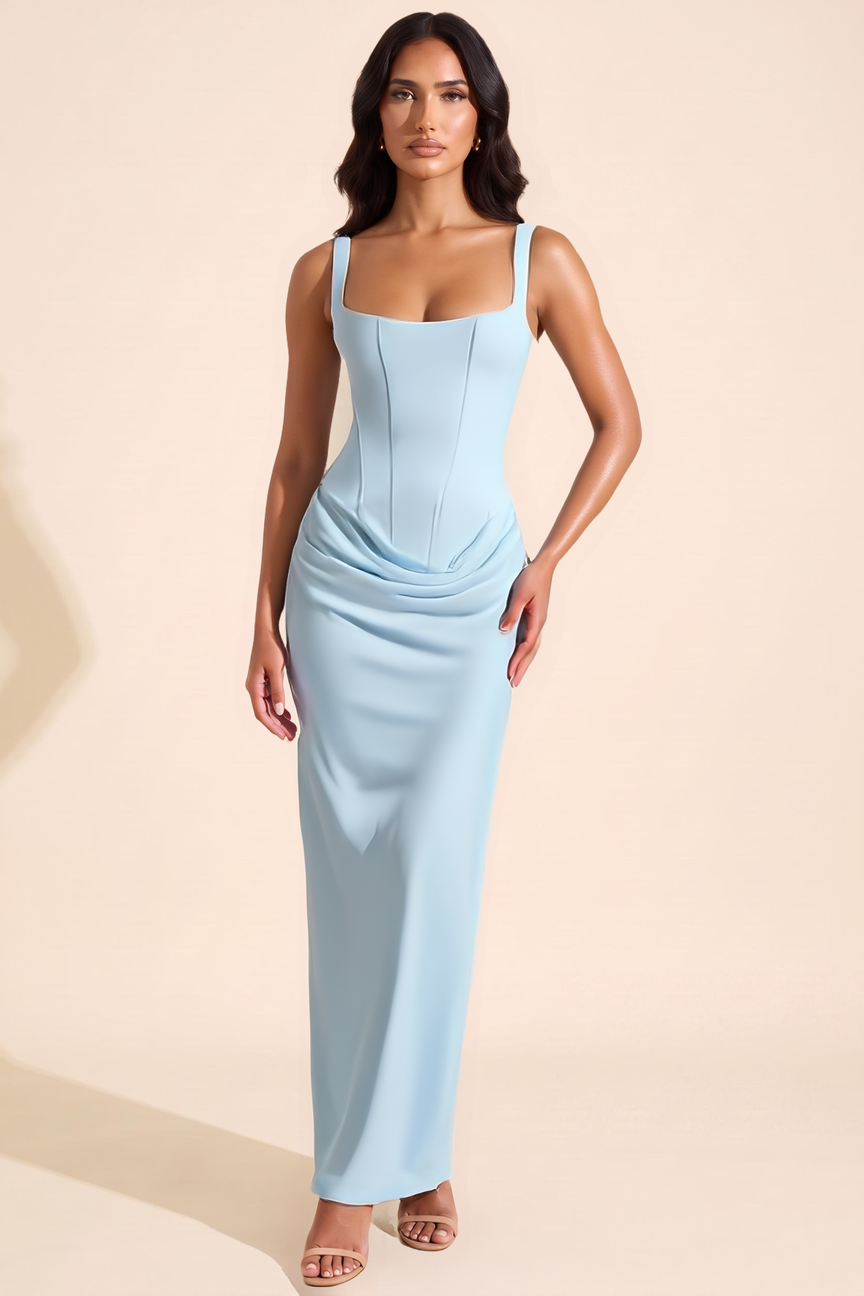 Full length view of the Kovelle Powder Blue Corset Draped Maxi Dress