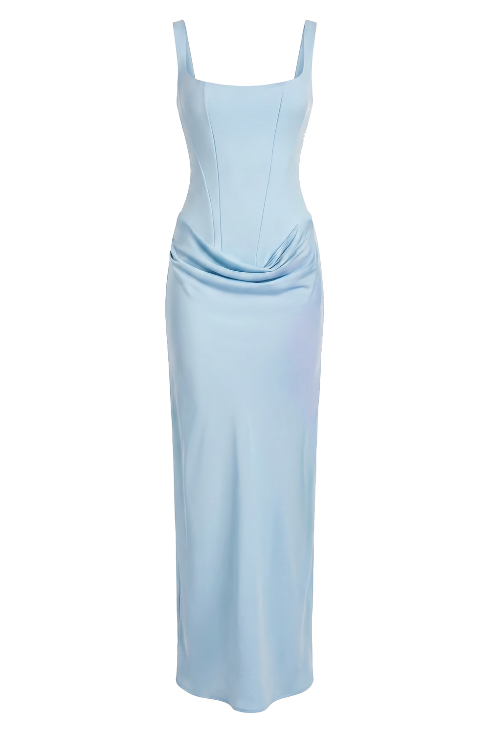 The Kovelle Powder Blue Corset Draped Maxi Dress photographed on its own against a white background