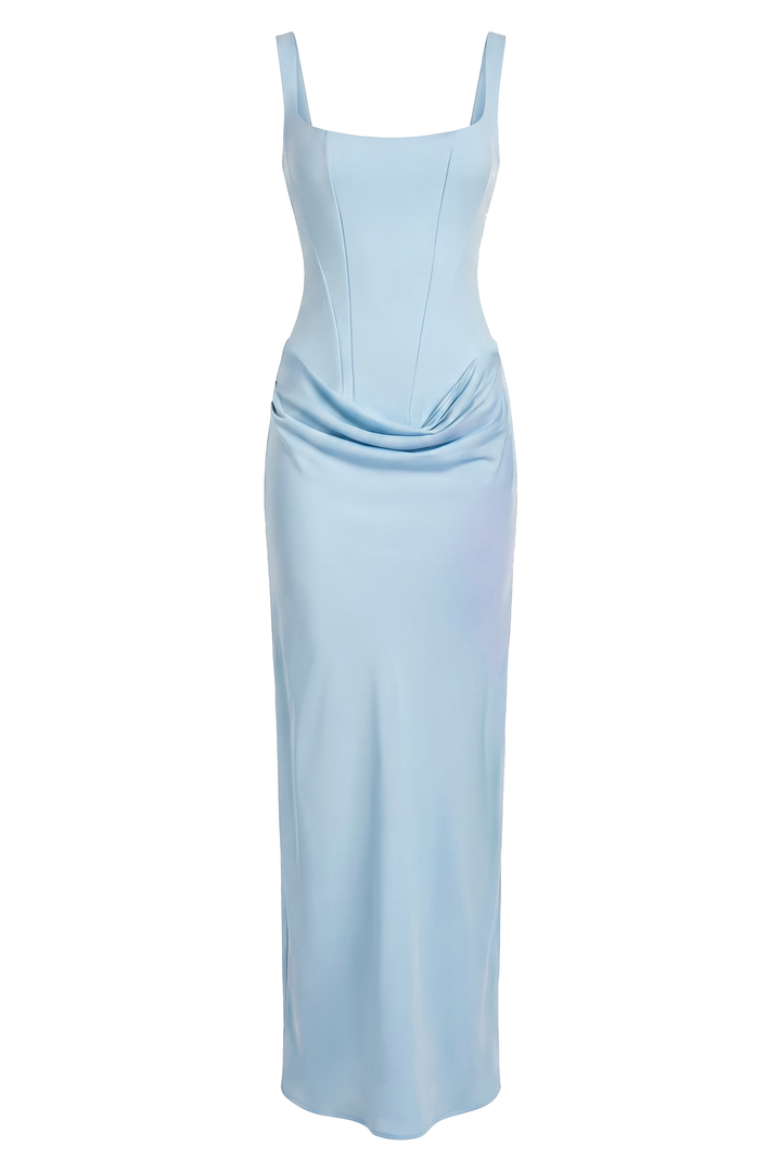 The Kovelle Powder Blue Corset Draped Maxi Dress photographed on its own against a white background