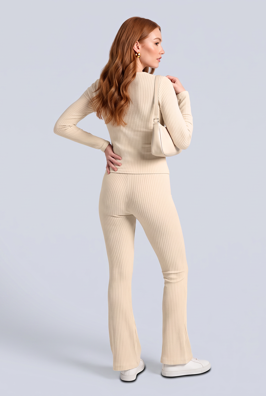 Kovelle rib flare leggings in cream, back view on model