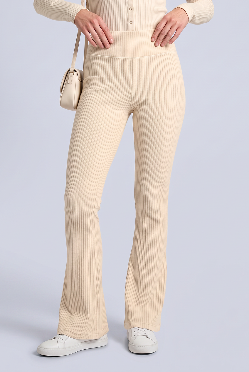 Kovelle rib flare leggings in cream, close-up detail on model