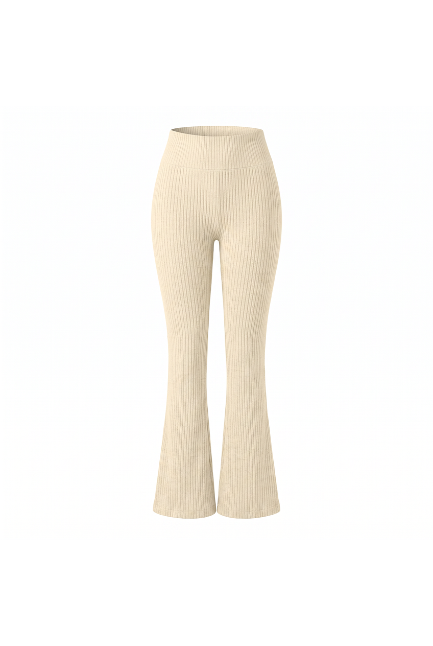 Kovelle rib flare leggings in cream, flat product view showing the full garment