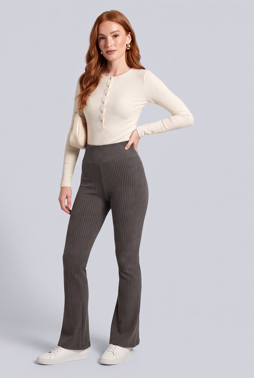 Kovelle rib flare leggings in charcoal, front view on model