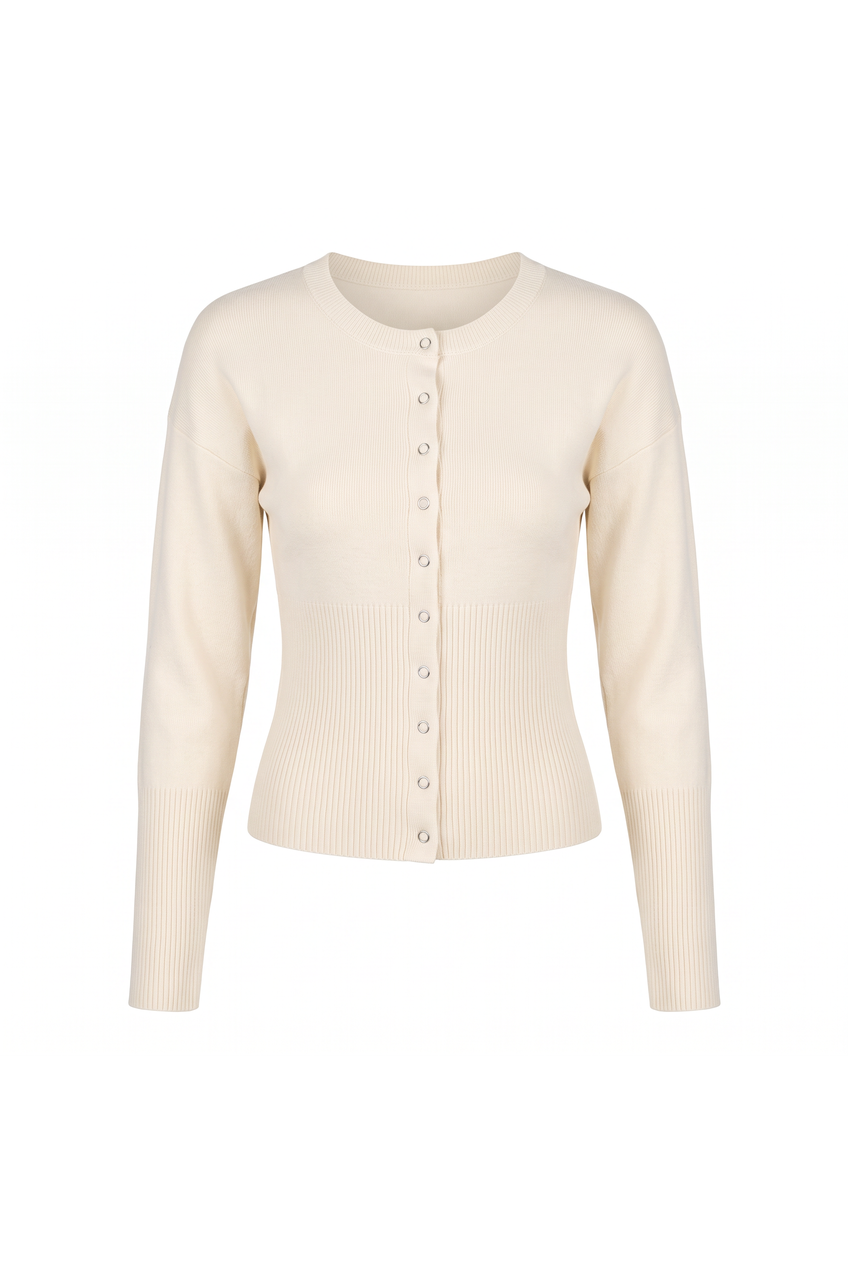Kovelle rib snap button top in cream, flat product view showing the full garment