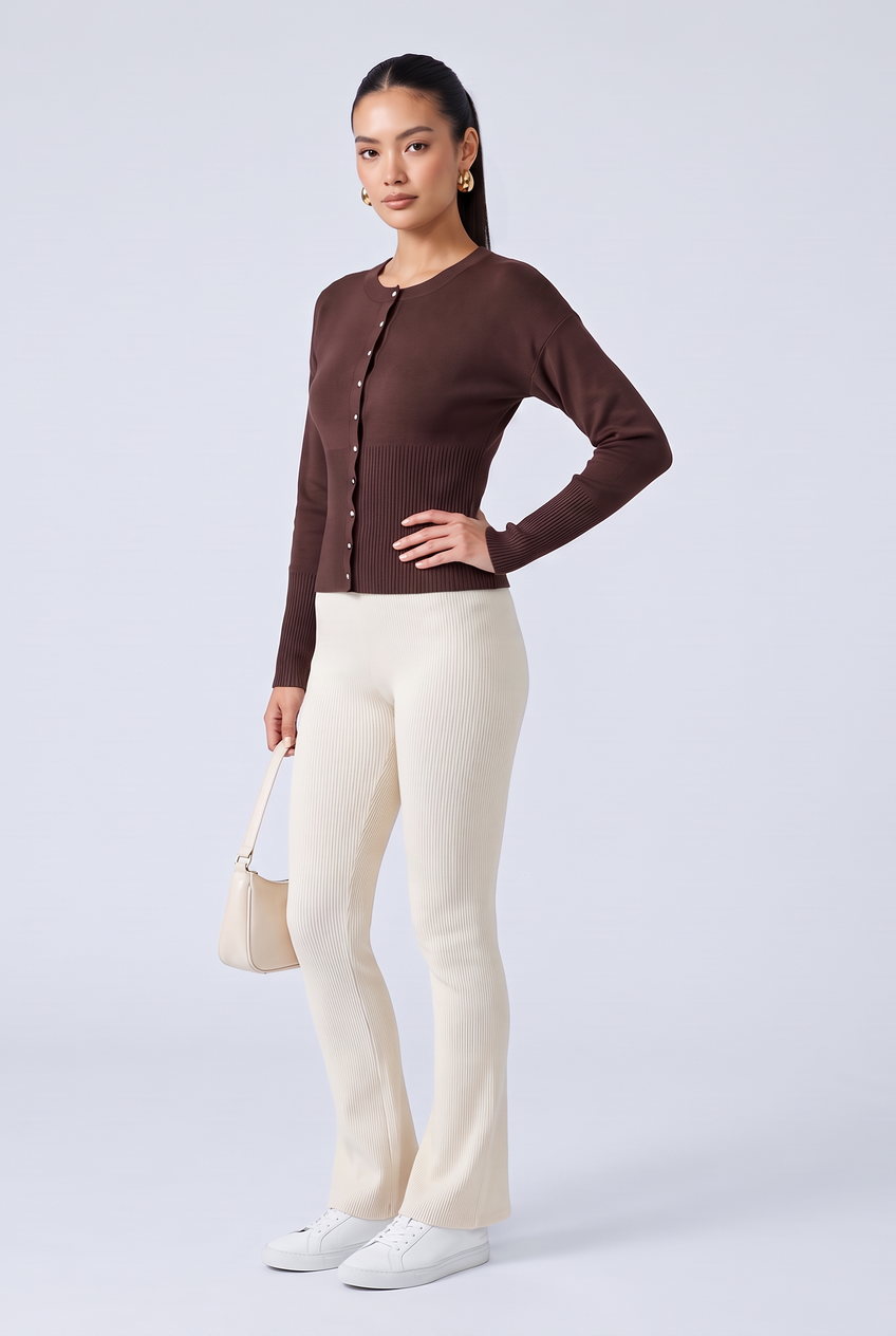 Kovelle rib snap button top in brown, front view on model