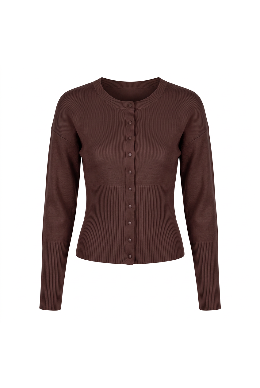 Kovelle rib snap button top in brown, flat product view
