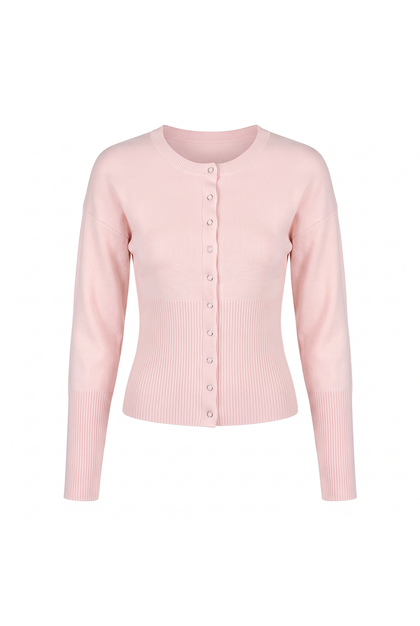 Kovelle rib snap button top in pink, flat product view