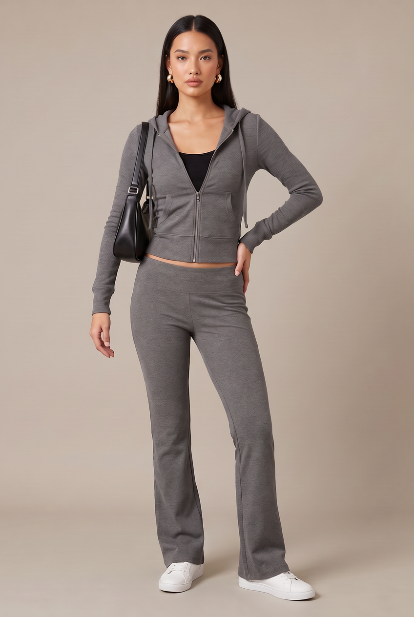 Kovelle rib zip hoodie in grey, front view on model