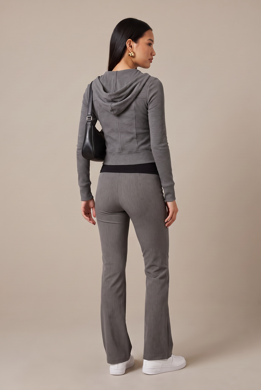 Kovelle rib zip hoodie in grey, back view on model