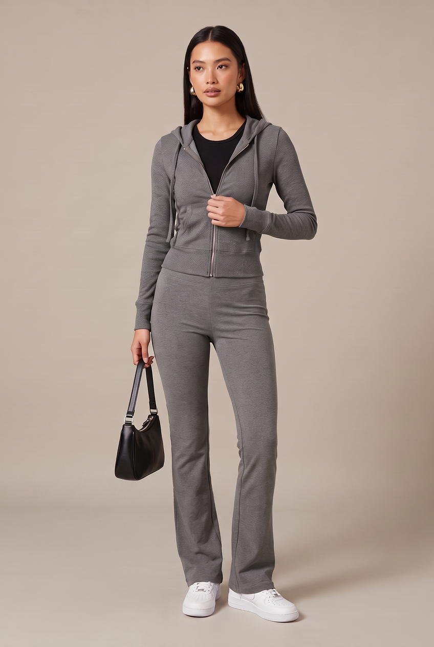 Kovelle rib zip hoodie in grey, full length on model