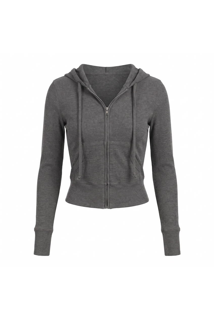 Kovelle rib zip hoodie in grey, flat product view showing the full garment